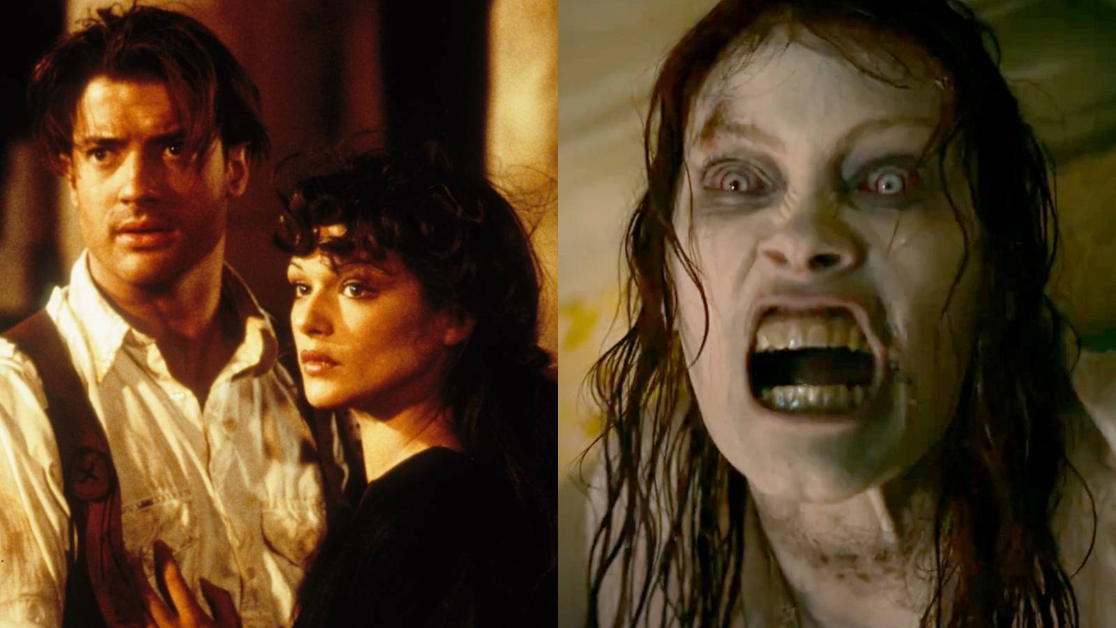 Split image of Brendan Fraser and Rachel Weisz in The Mummy and Alyssa Sutherland in Evil Dead Rise