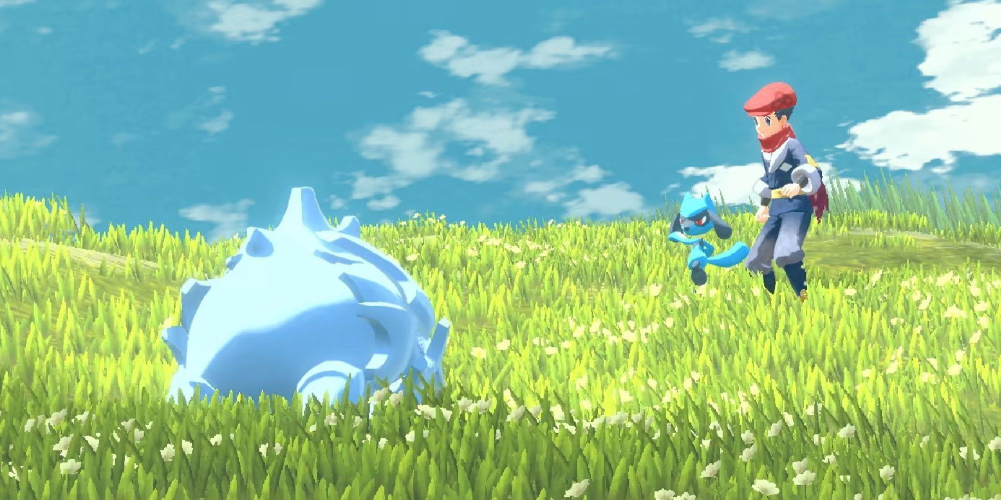 The player and Riolu fighting a Rhyhorn in Pokemon Legends: Arceus