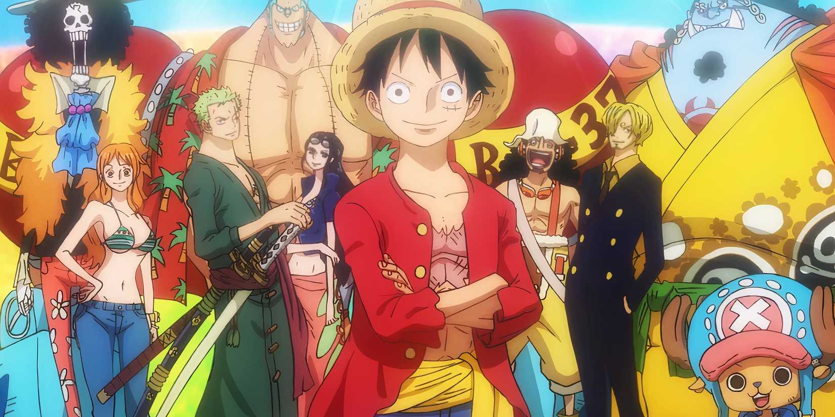 Luffy and the Straw Hat crew pose together.