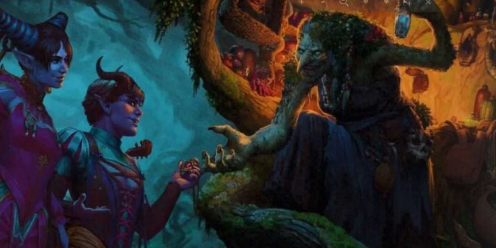 Thieflings buying a Potion of Heroism from a Green Hag