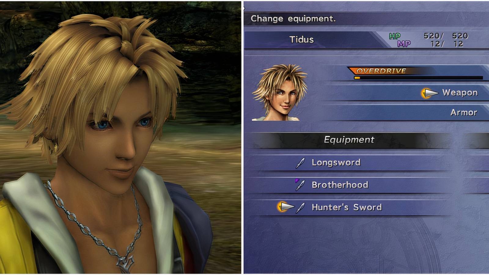 Tidus and Equipment menu in Final Fantasy 10