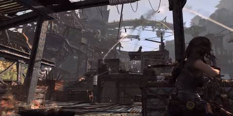 lara fighting enemies far away