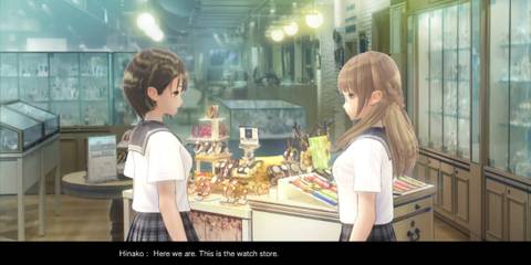 Two students having a heartfelt conversation in a store from Blue Reflection, a jrpg in school settings