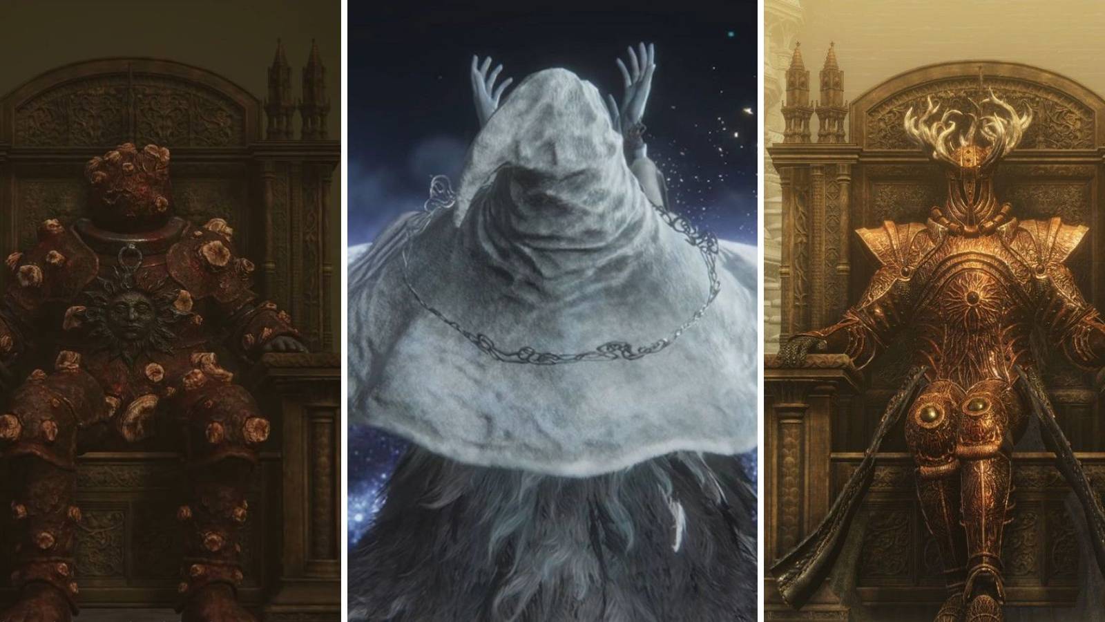 A grid showing three of the endings in Elden Ring