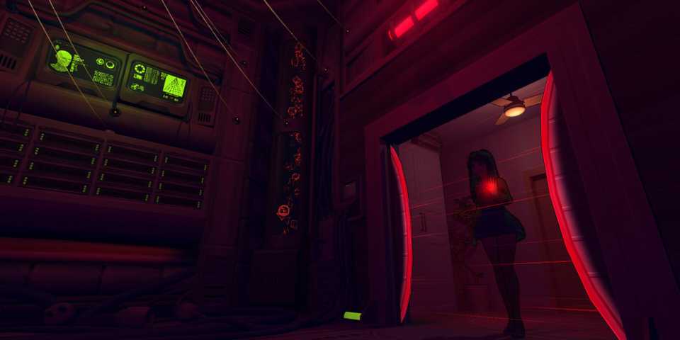 A woman behind a red hologram door in a strange place in MiSide