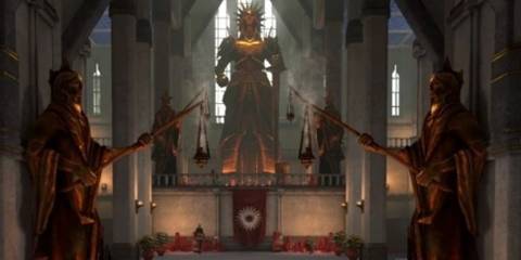 Indoors the Kirkwall Chantry in Dragon Age 2