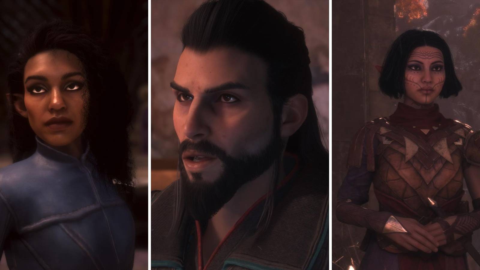 A grid of three of the NPCs in Dragon Age: The Veilguard