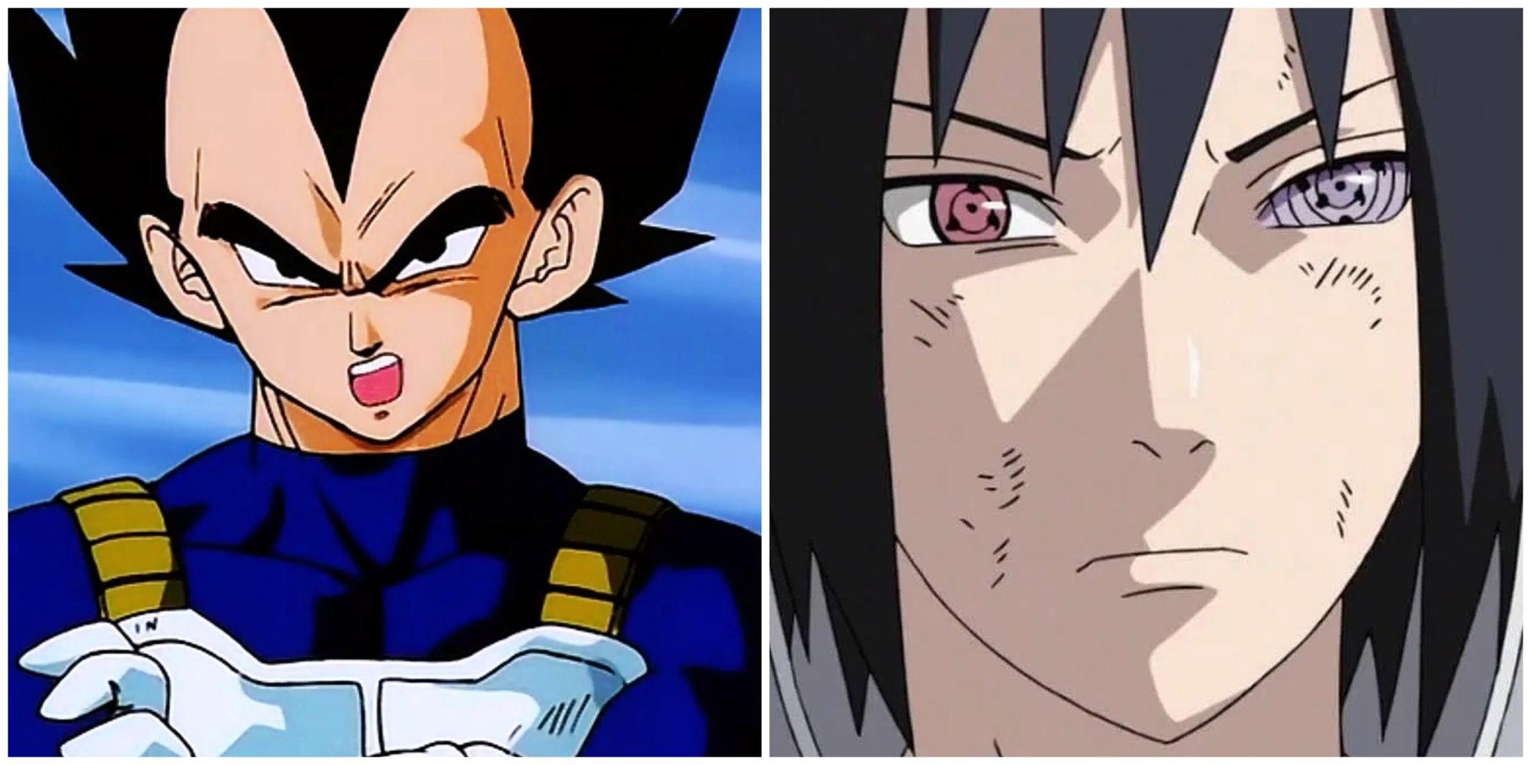 Split image of Vegeta from Dragon Ball and Sasuke from Naruto