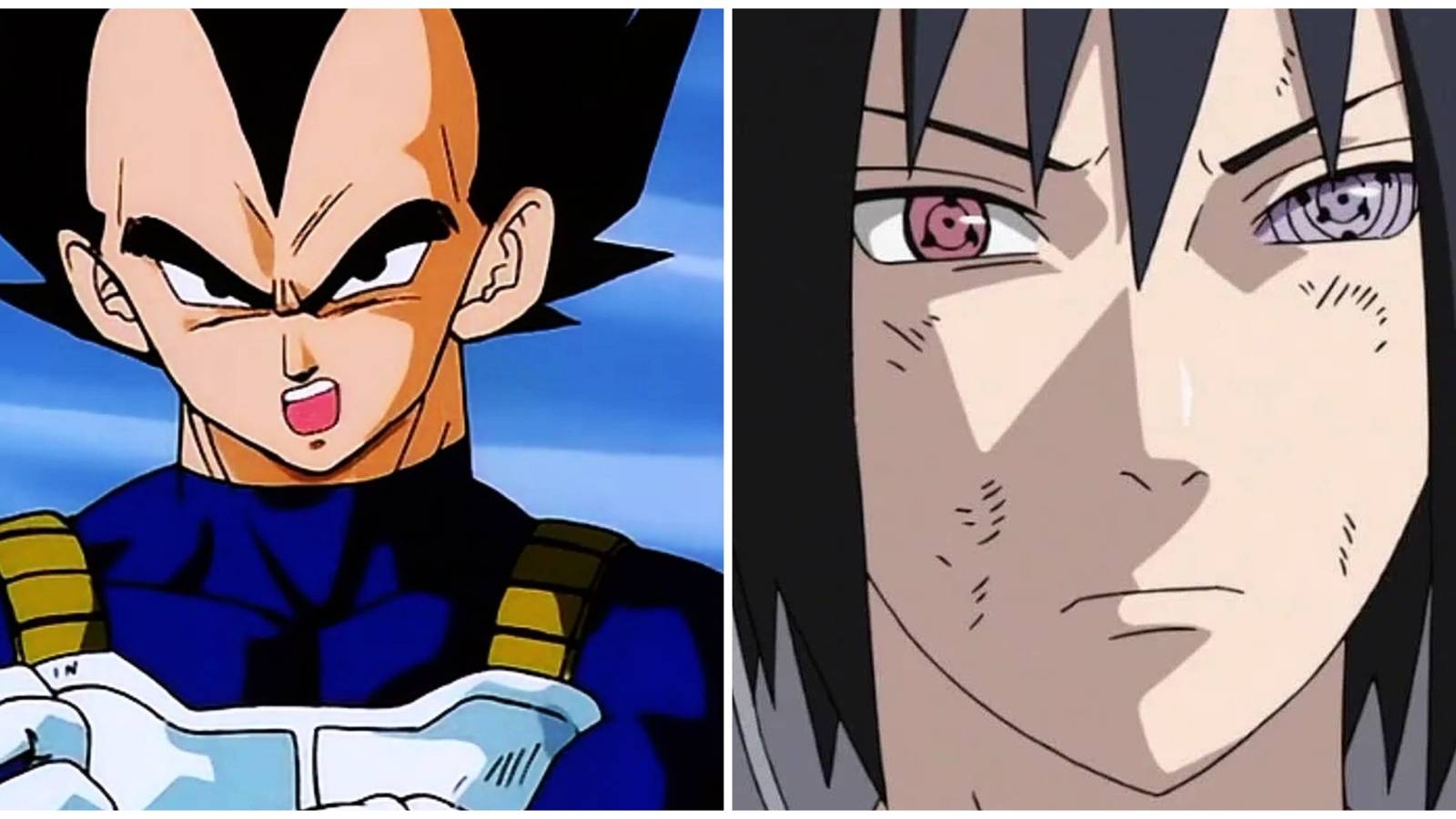 Split image of Vegeta from Dragon Ball and Sasuke from Naruto