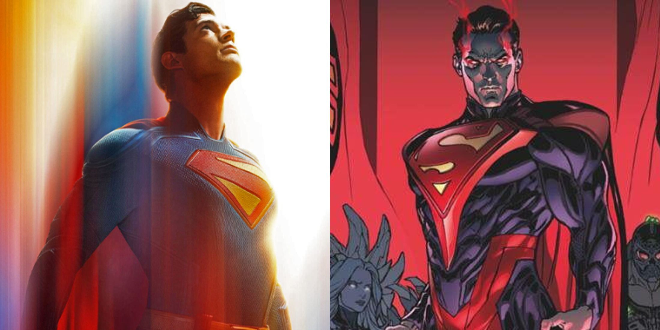 Superman 2025 movie poster contrasted against Injustice Superman from the Injustice comic series