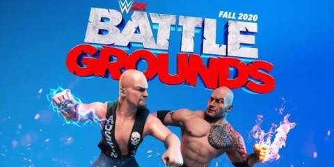 WWE 2K Battlegrounds cover featuring 'Stone Cold' Steve Austin and the Rock