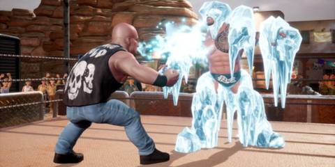 'Stone Cold' Steve Austin freezing the Rock in WWE 2K Battlegrounds