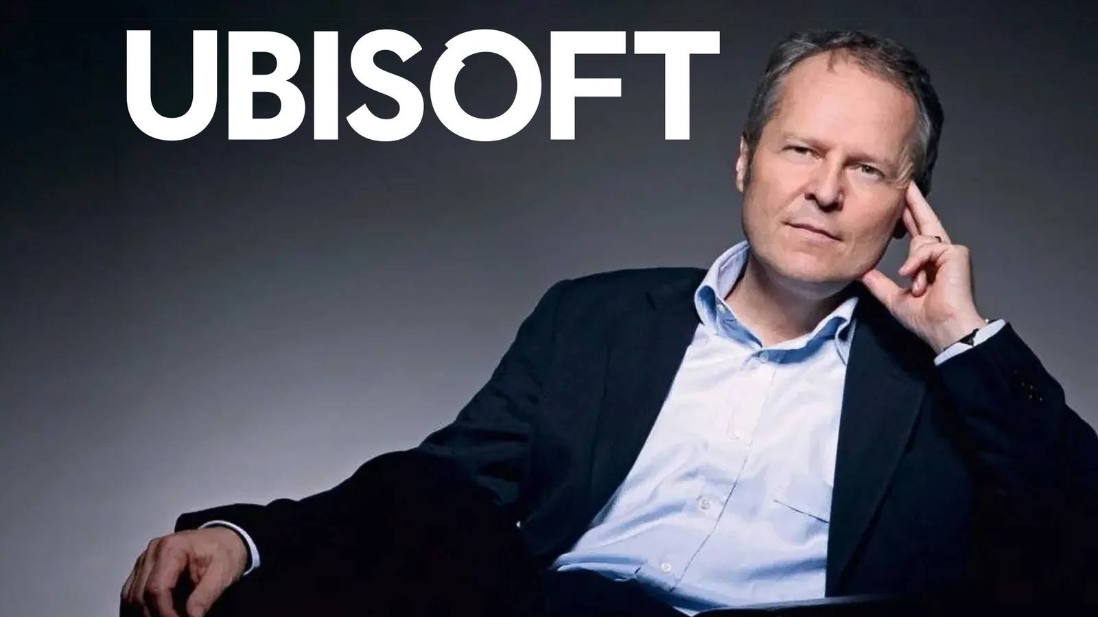 Yves Guillemot sitting below white Ubisoft logo 2x1 composite