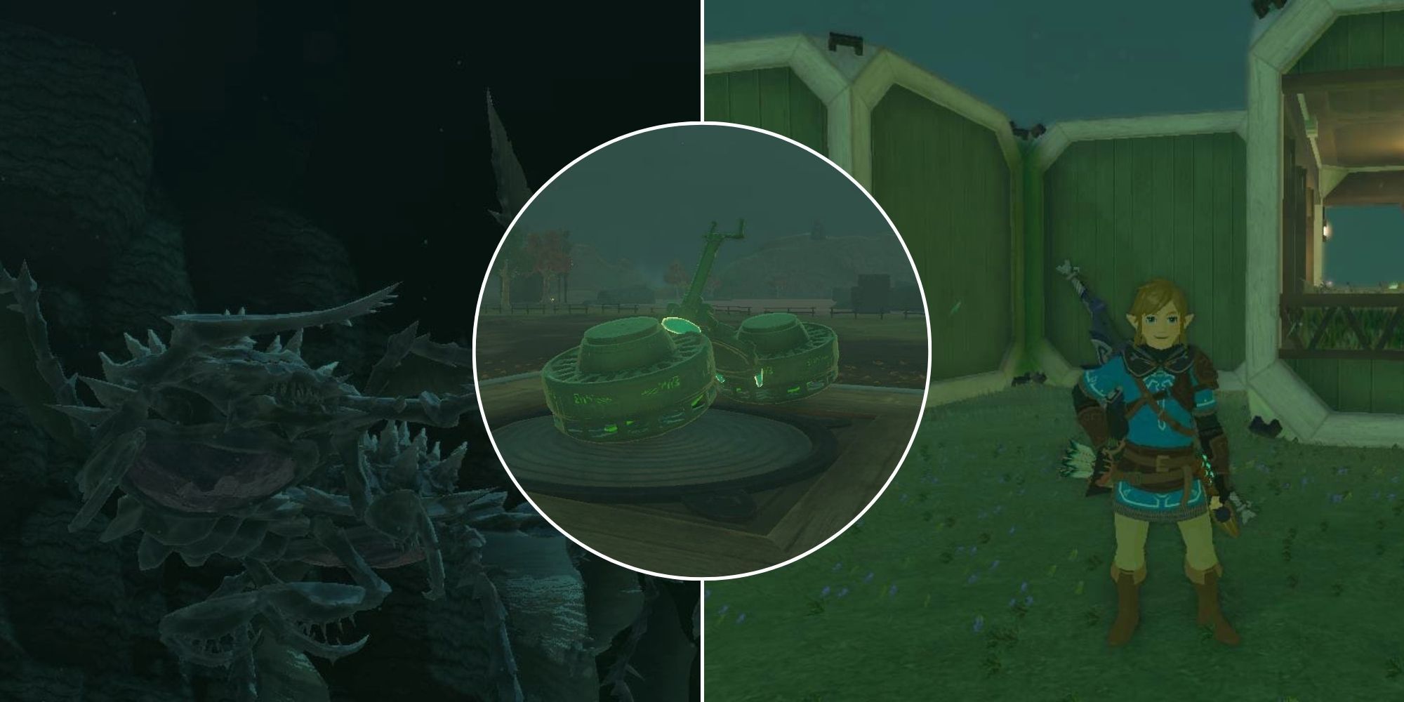 A collage of things players can do when they're bored: Fighting the bosses in the depths, building a vehicle or building Link's House in The Legend of Zelda: Tears of the Kingdom 