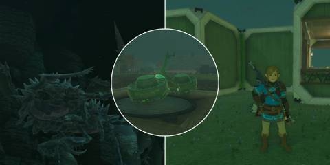 A collage of things players can do when they're bored: Fighting the bosses in the depths, building a vehicle or building Link's House in The Legend of Zelda: Tears of the Kingdom 