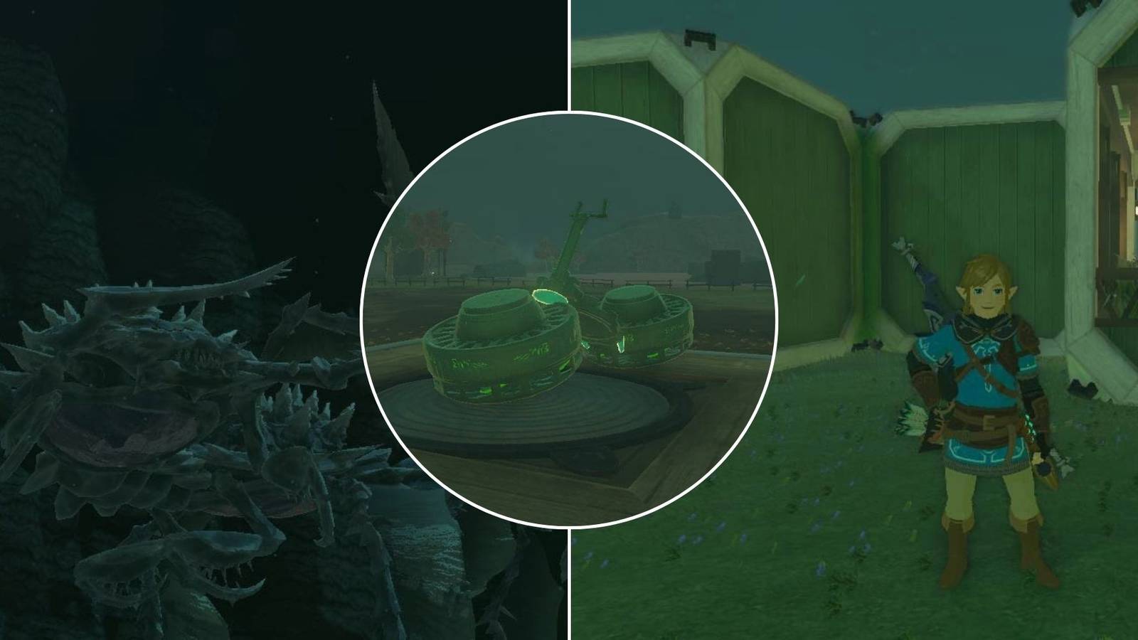 A collage of things players can do when they're bored: Fighting the bosses in the depths, building a vehicle or building Link's House in The Legend of Zelda: Tears of the Kingdom 