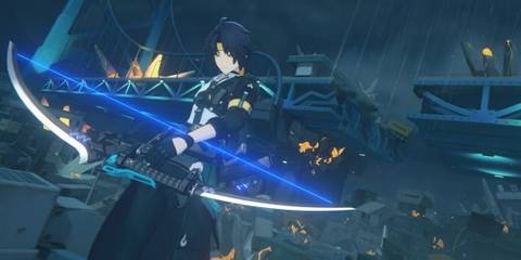 A screenshot from a Zenless Zone Zero trailer for Version 1.4 showing Asaba Harumasa.