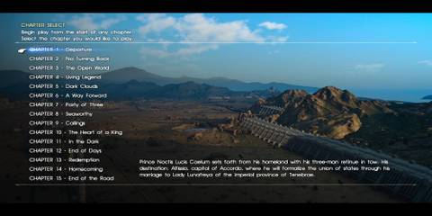 The Chapter List In Final Fantasy 15