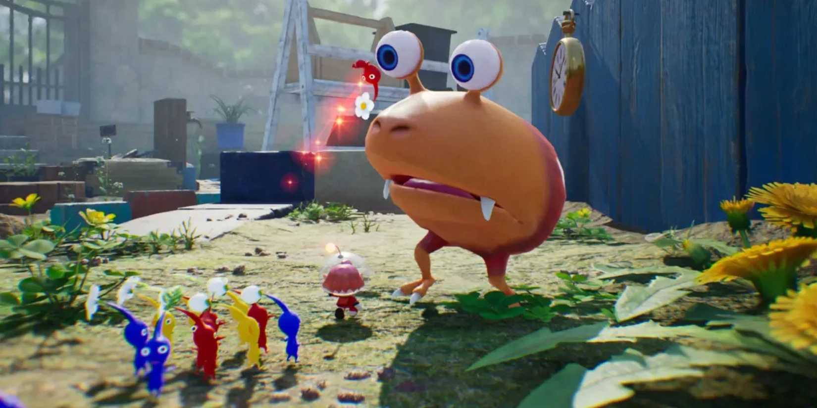 A Bulborb Standing Over a Group of Pikmin in Pikmin 4