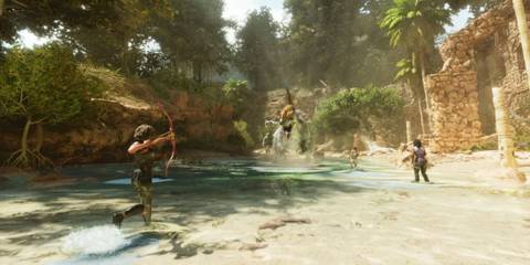 A Group of Players Fighting a Dinosaur in Ark: Survival Ascended