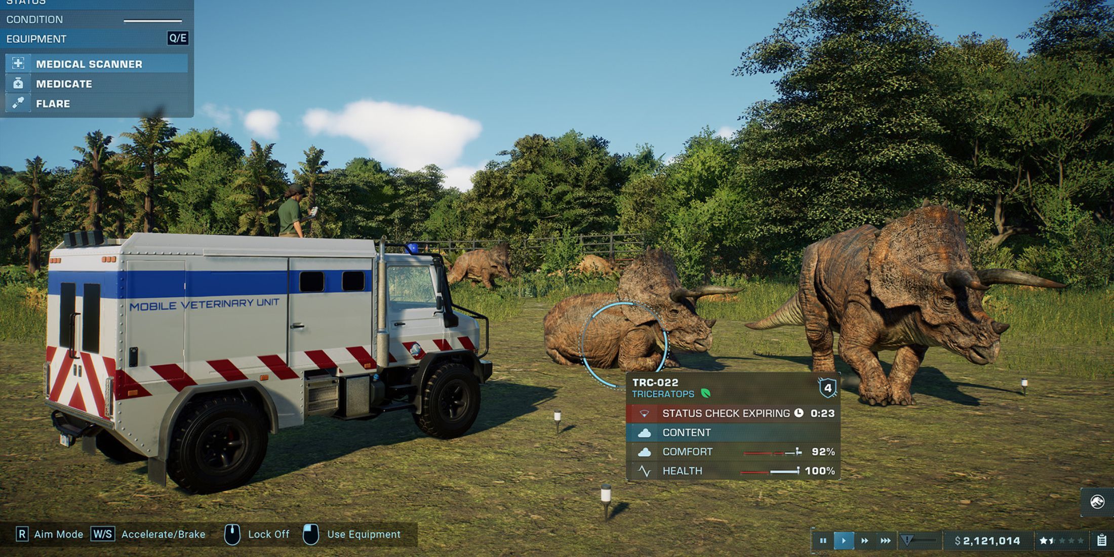 A Mobile Vetirinary Unit Helping a Sick Triceratops in Jurassic World Evolution 2