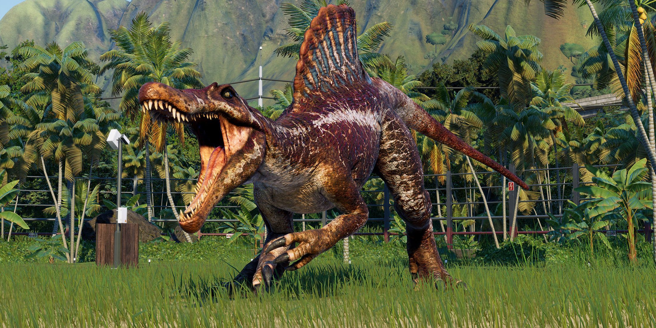 A Spinosaurus from Jurassic World Evolution 2 Roaring 