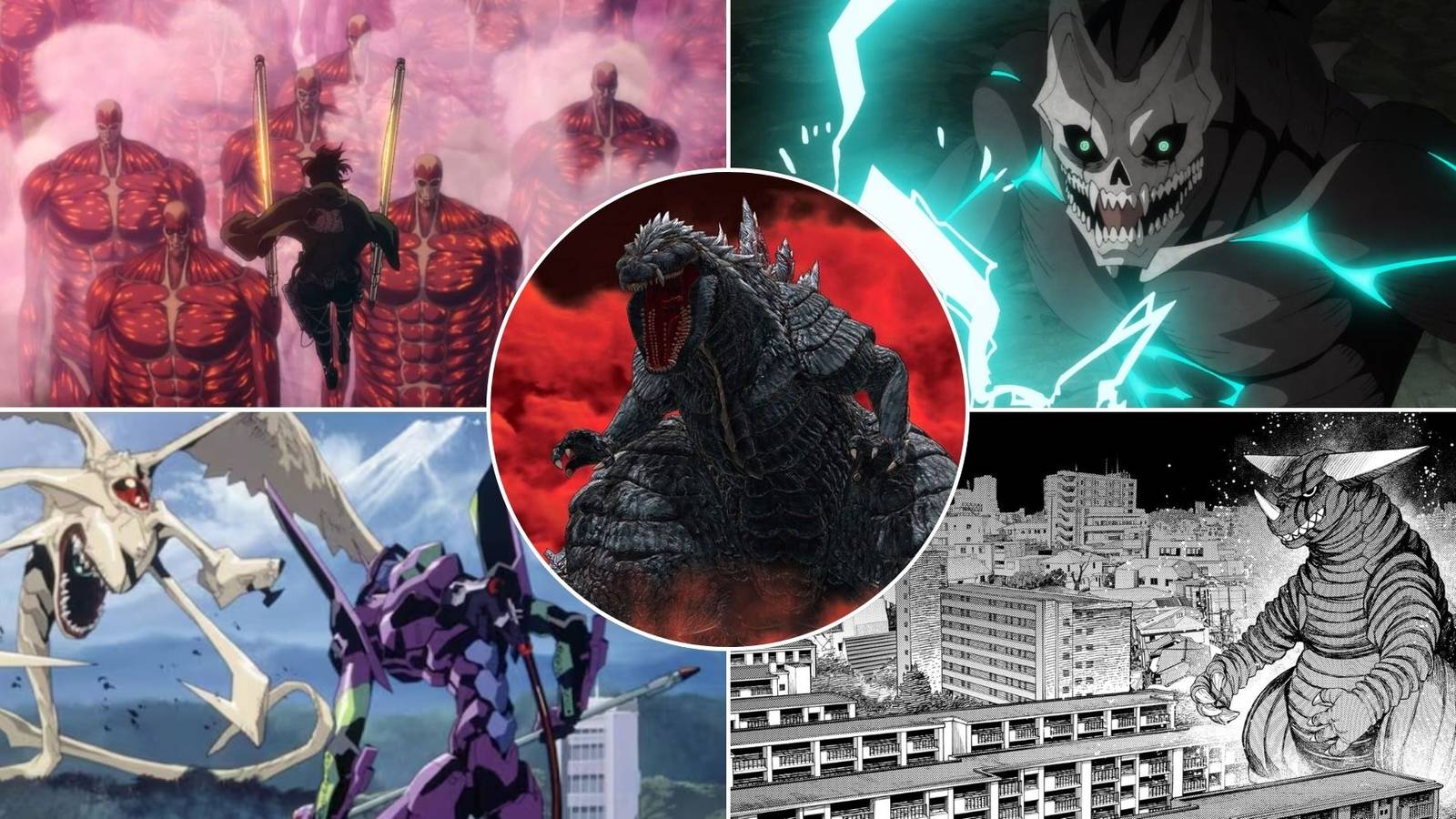 A collage of 5 anime & manga series that are perfect for fans of Godzilla and other kaiju: Attack on Titan, Kaiju No. 8, Neon Genesis Evangelion, Dandadan and Godzilla Singular Point.