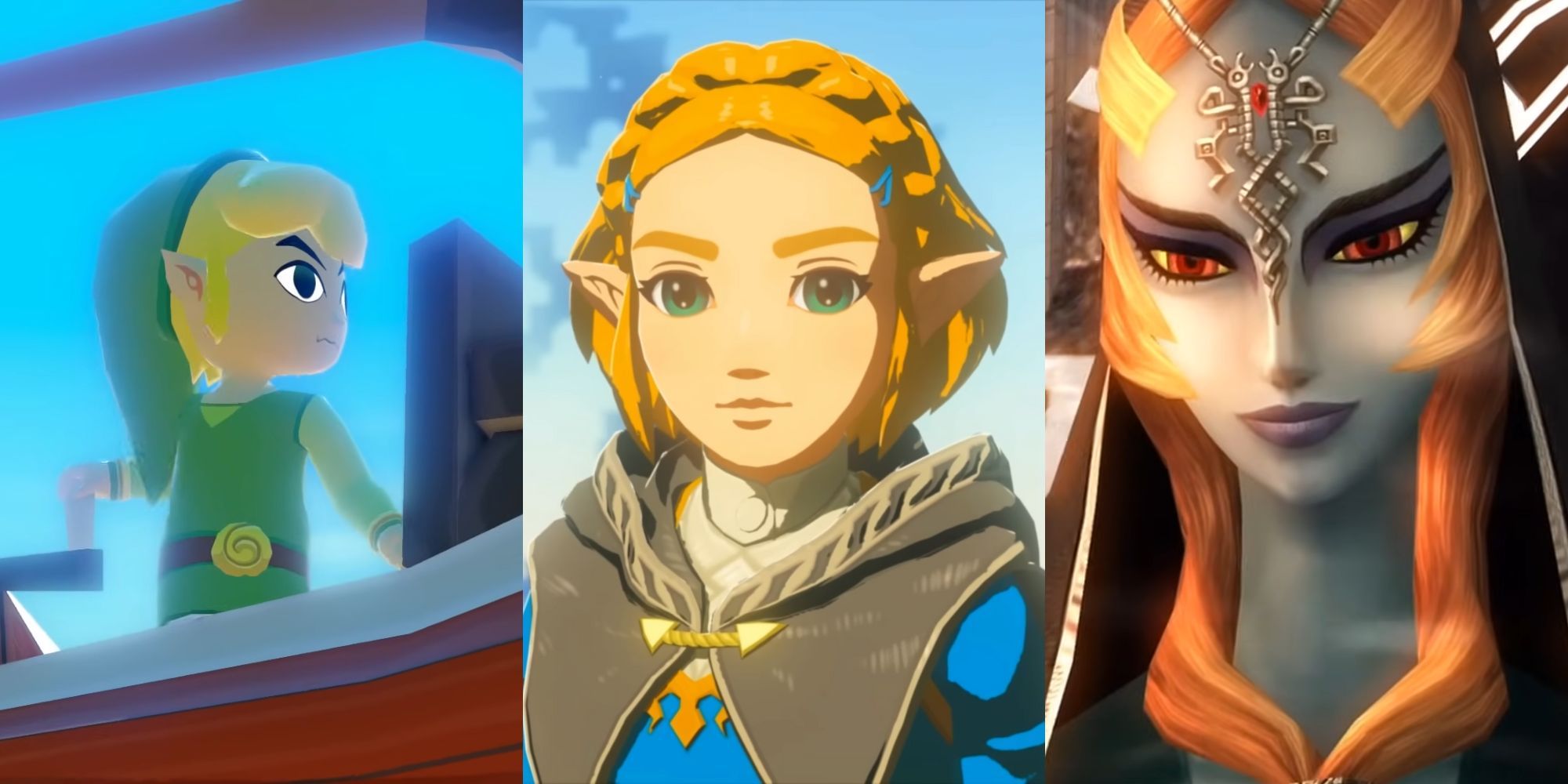 A collage of the ending cutscenes of three different Zelda Games: The Wind Waker, Tears of the Kingdom and Twilight Princess.