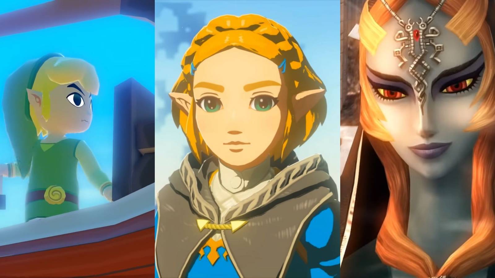 A collage of the ending cutscenes of three different Zelda Games: The Wind Waker, Tears of the Kingdom and Twilight Princess.