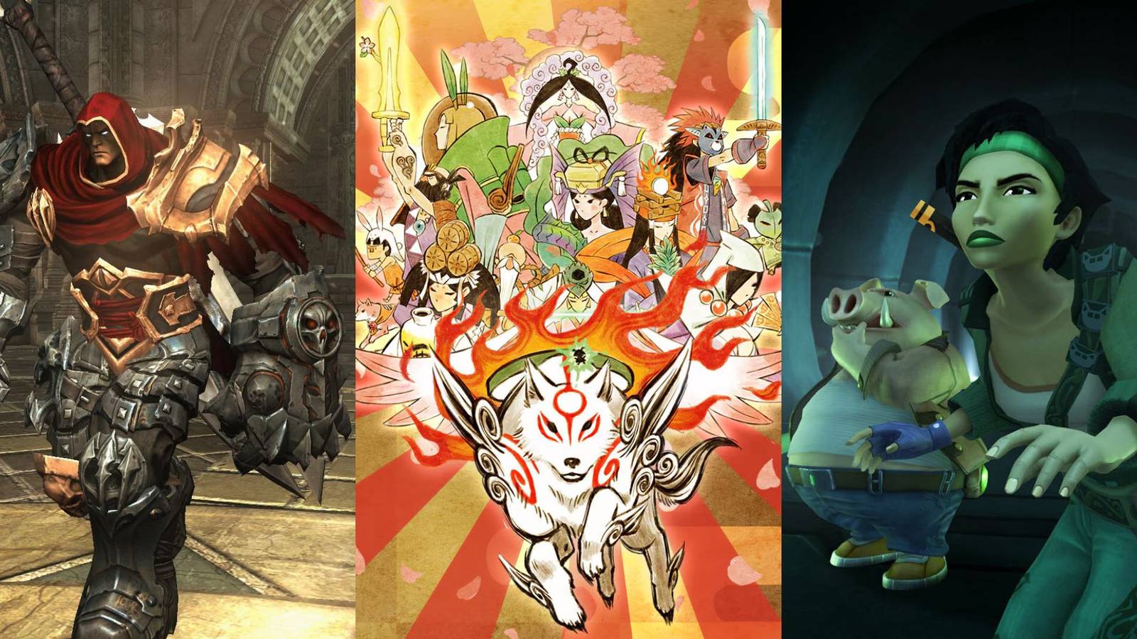 A collage of three video games that play like a 3D Zelda game: Darksiders, Okami and Beyond Good & Evil.