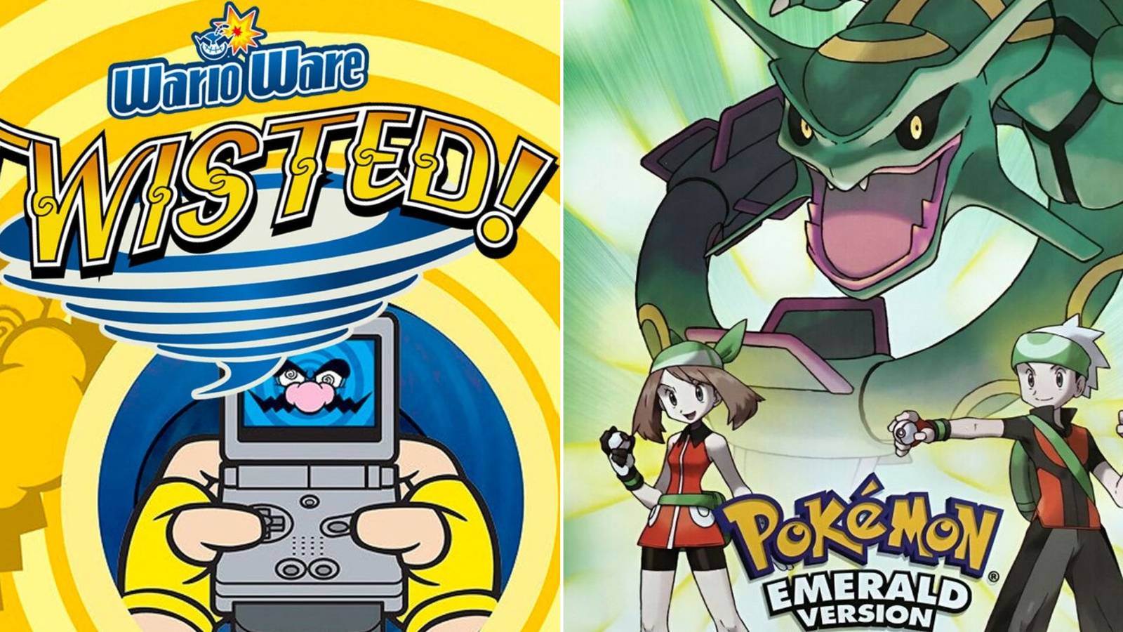 A collage of 2 great Game Boy Advance exclusives: WarioWare: Twisted! and Pokemon Emerald Version.