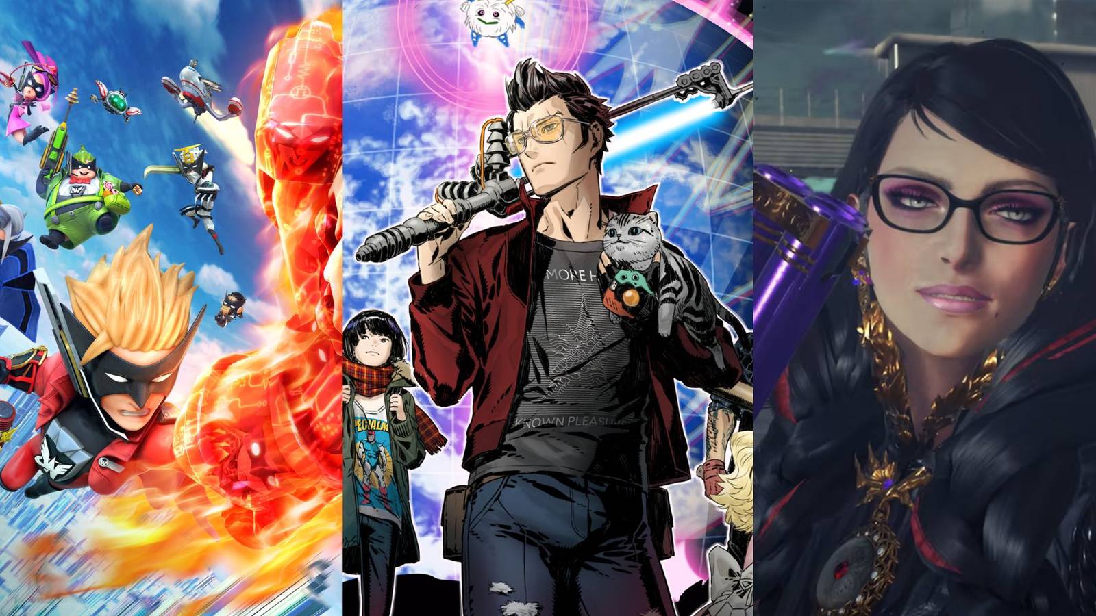 A collage of 3 Nintendo Switch games with over the top stories: The Wonderful 101, No More Heroes 3 and Bayonetta 3.