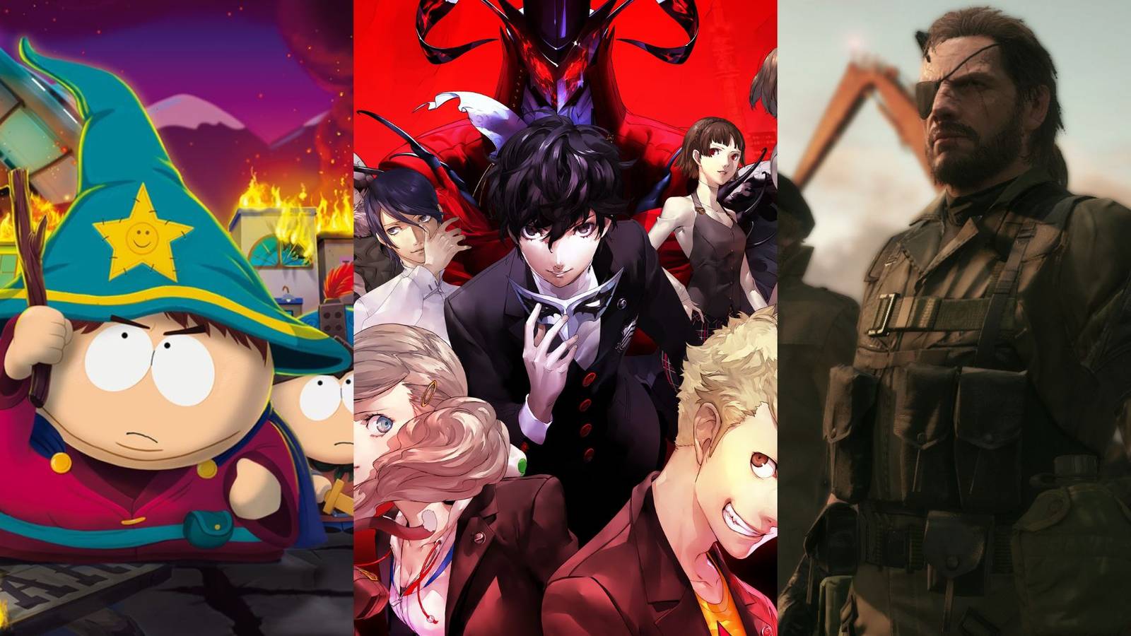 A collage of three great PlayStation 3 games that came out after the PS4's launch: South Park: The Stick of Truth, Persona 5 and Metal Gear Solid 5: The Phantom Pain