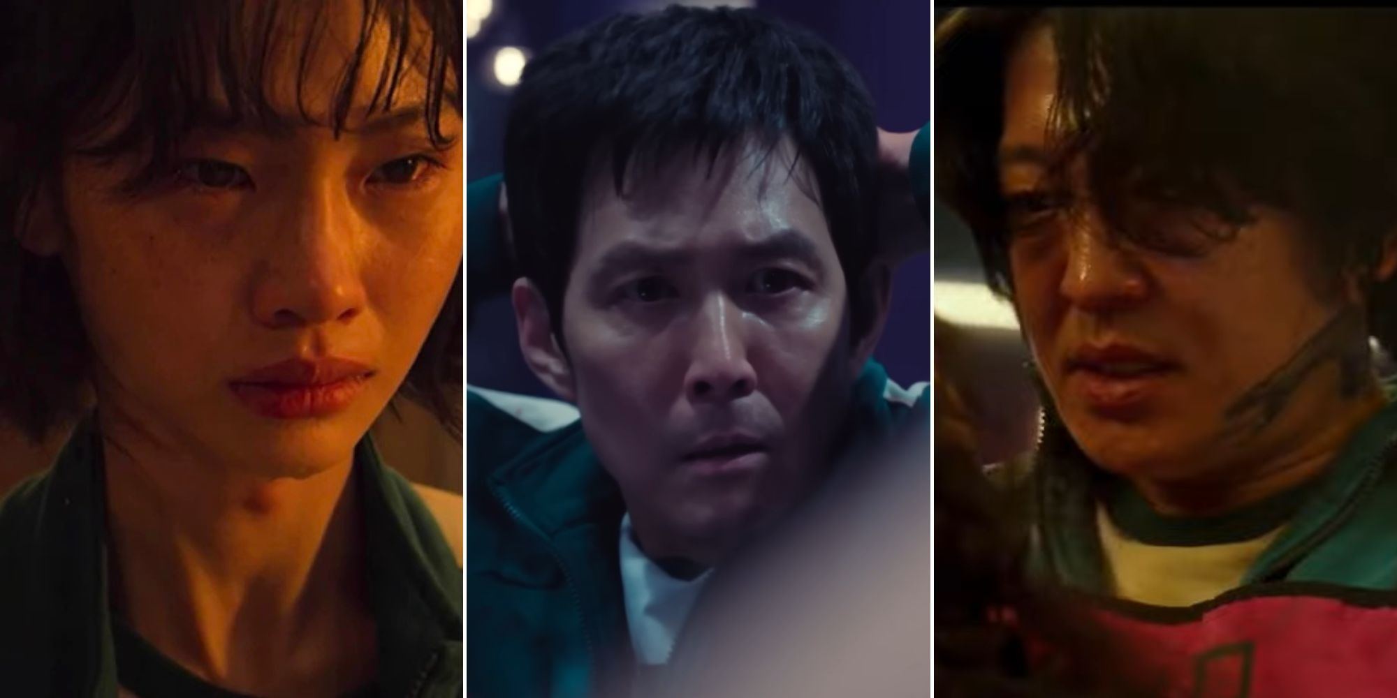 A collage of 3 Squid Game characters witnessing someone else's death: Kang Sae-byeok, Seong Gi-Hun and Jang Deok-su.