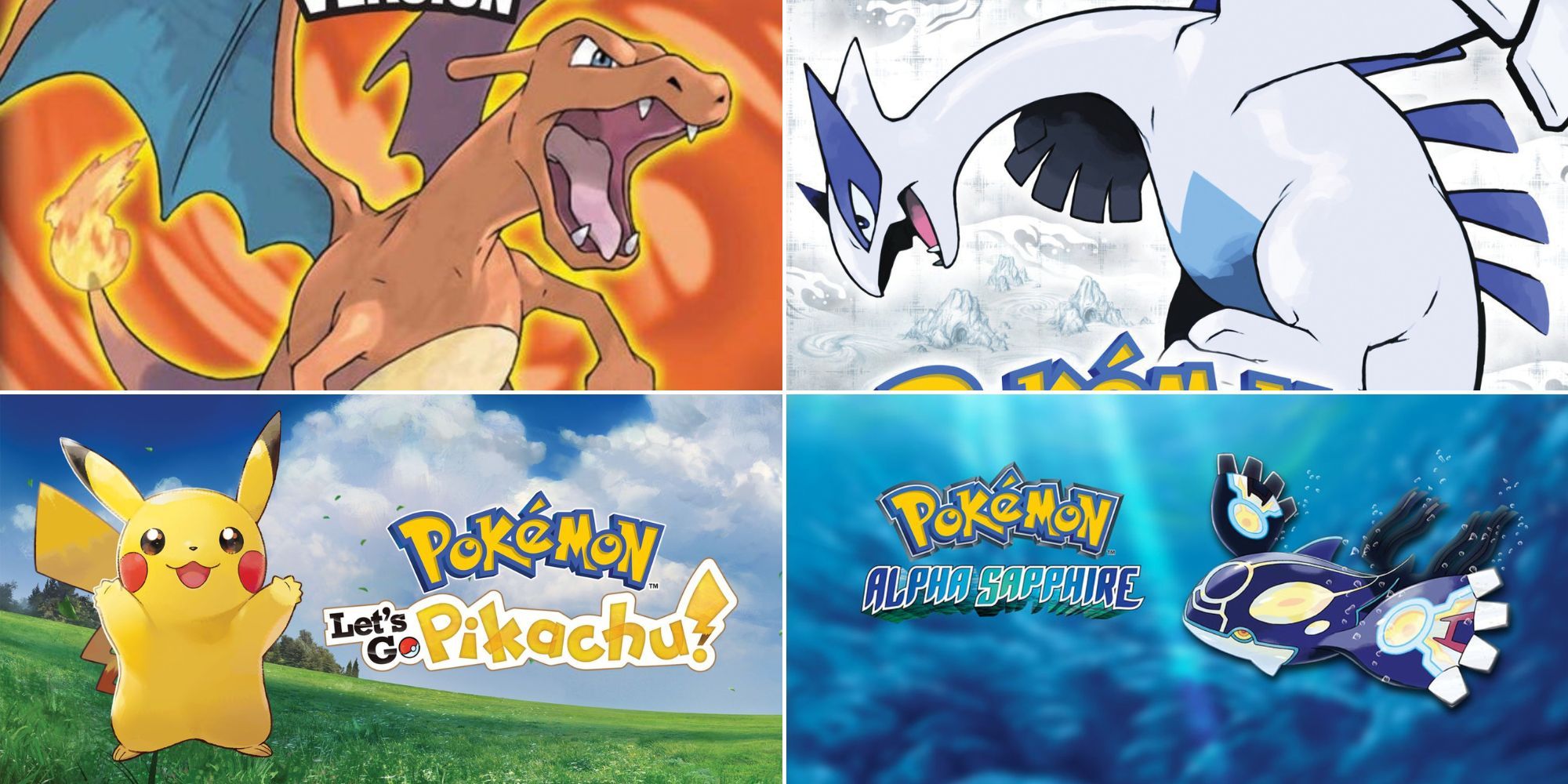 A collage of four Pokemon games with excellent cover art: FireRed, Soulsilver, Let's Go Pikachu and Alpha Sapphire.