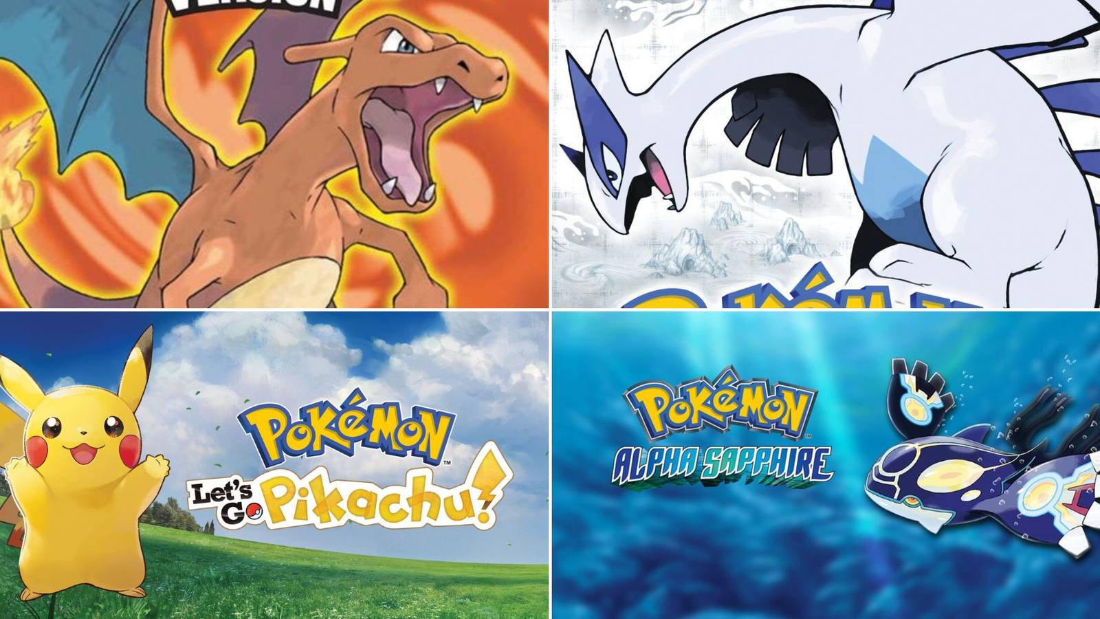 A collage of four Pokemon games with excellent cover art: FireRed, Soulsilver, Let's Go Pikachu and Alpha Sapphire.