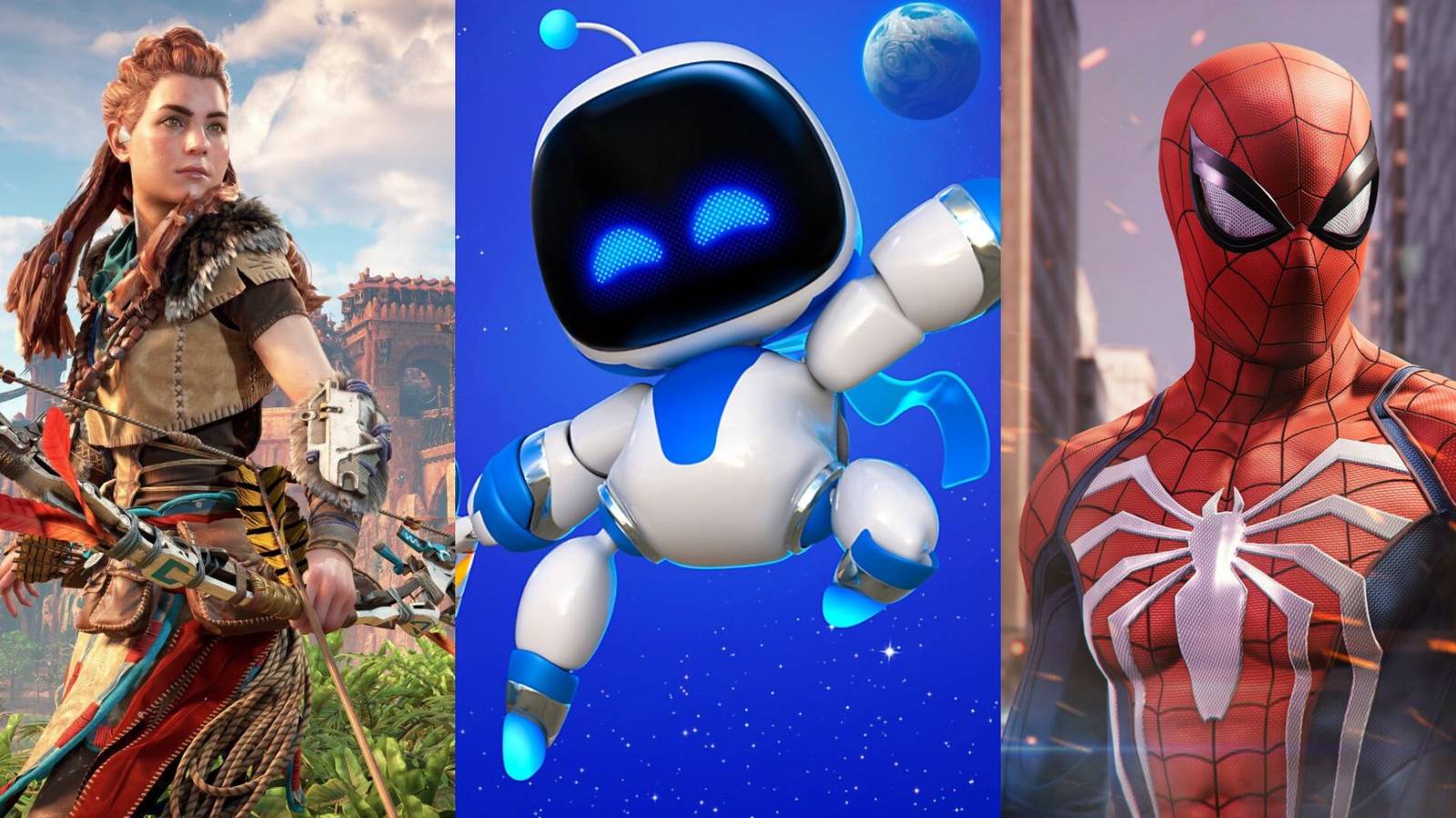 A collage of three great PS5 games that would work well on Nintendo Switch 2: Horizon Zero Dawn, Astro Bot and Spider-Man..