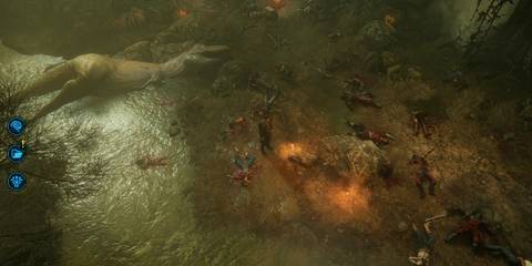 A battle scene in GameDec featuring a giant dinosaur and multiple fallen characters, showcasing the RPG's intricate design.