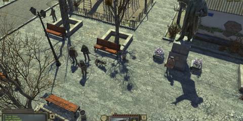 A bustling town square with NPCs and a dog companion in Atom RPG, an overlooked RPG