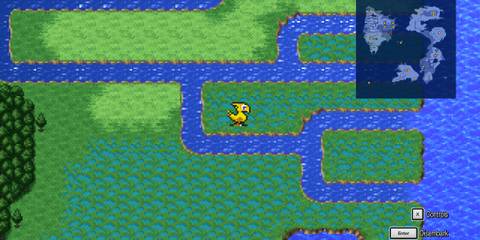 A chocobo running through rivers and grasslands in the medieval world of Final Fantasy 3