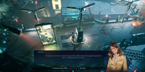 A city terminal in GameDec featuring neon lights and NPC interaction options, exemplifying the overlooked isometric RPG's dynamic storytelling