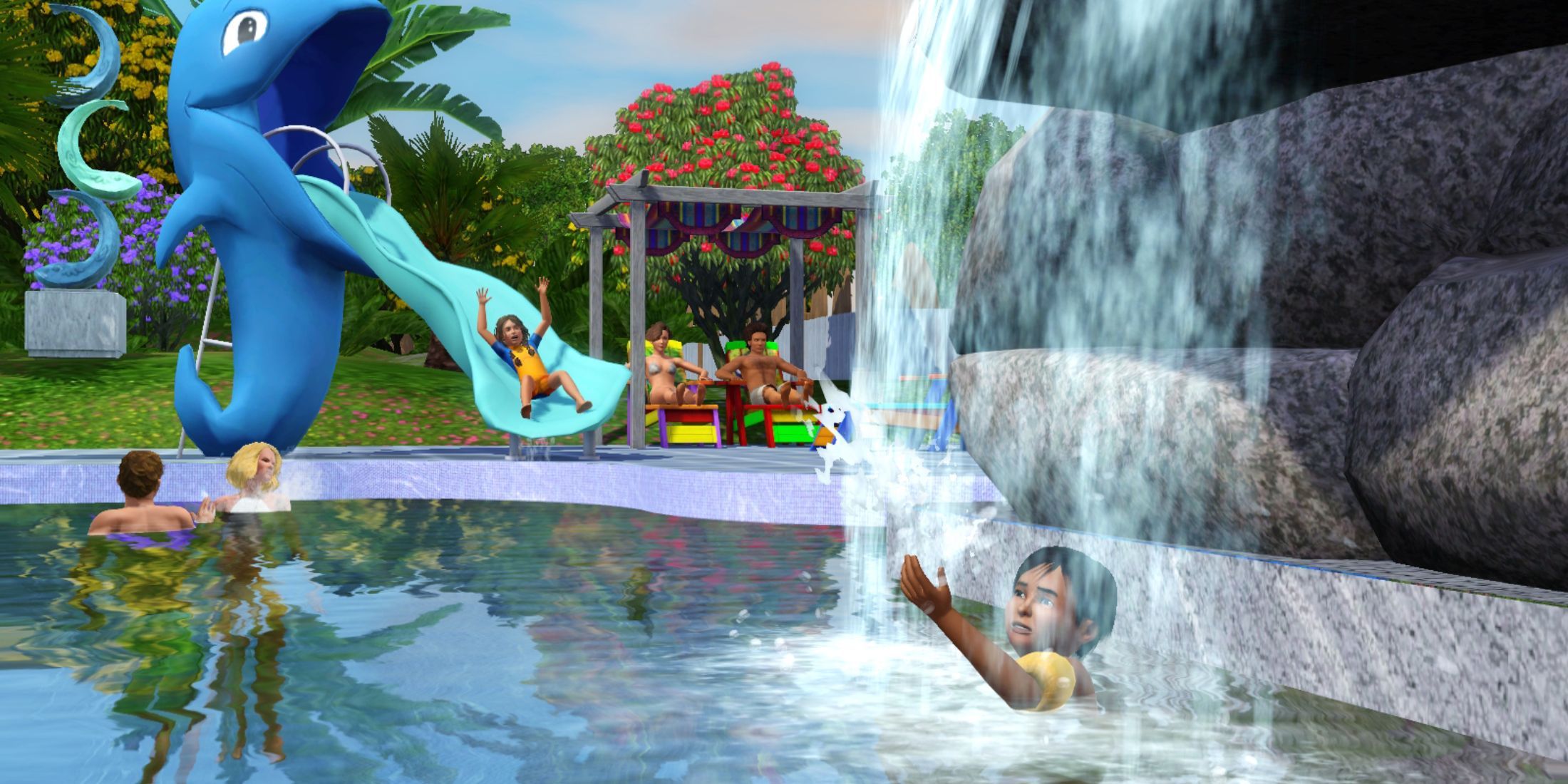 A family enjoying a pool with a waterslide, part of the tropical fun in Island Paradise