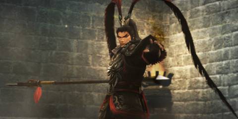A fierce warrior with a spear and red plumes, ready to attack in Dynasty Warriors 8