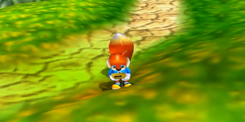 A Frame From Conker's Bad Fur Day Showing The Playable Protagonist Conker Playing A Game Boy