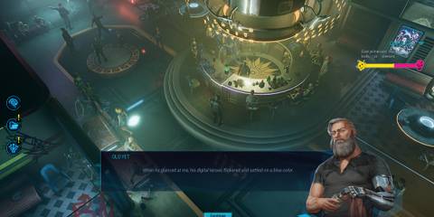 A futuristic bar setting in GameDec with cyberpunk aesthetics, highlighting the overlooked isometric RPG's attention to detail.