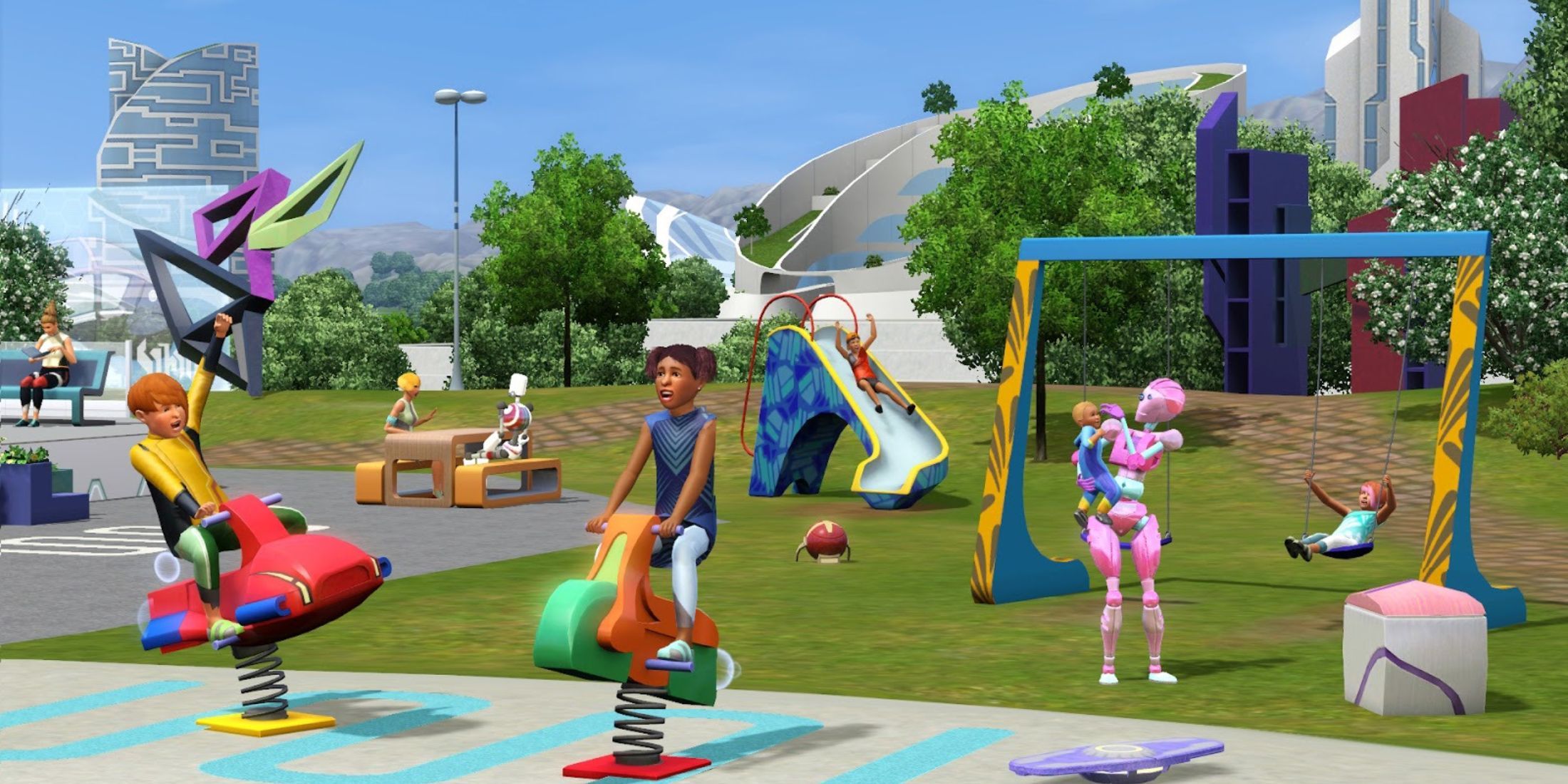 A futuristic park with children and robots playing, part of Into the Future expansion gameplay