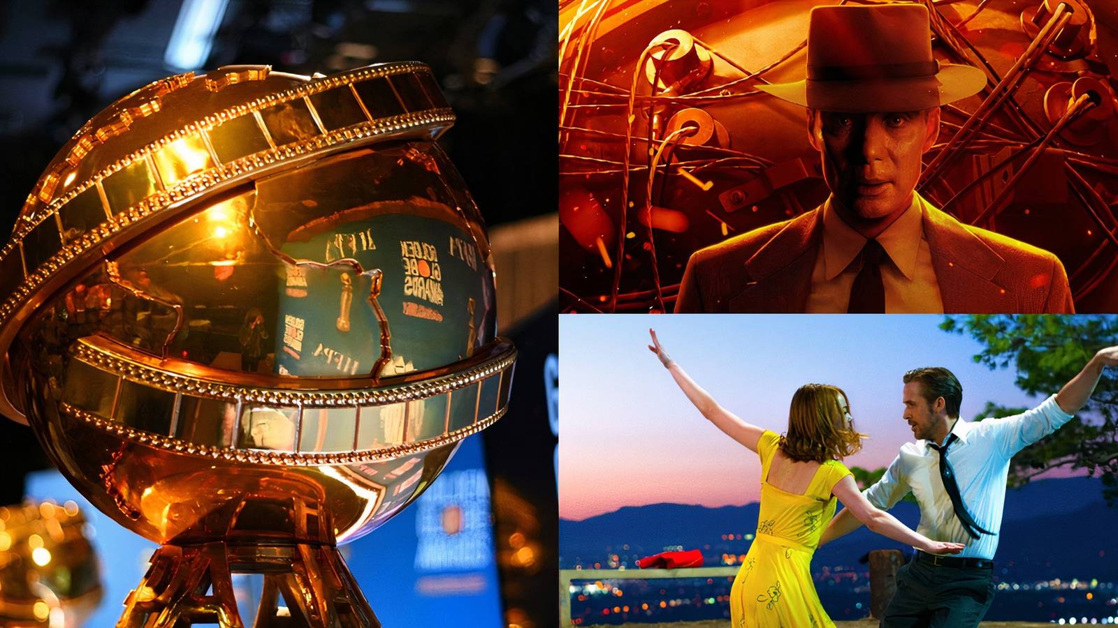 A Golden Globe award, Cillian Murphy as Robert Oppenheimer on a poster, and Emma Stone and Ryan Gosling dancing in La La Land