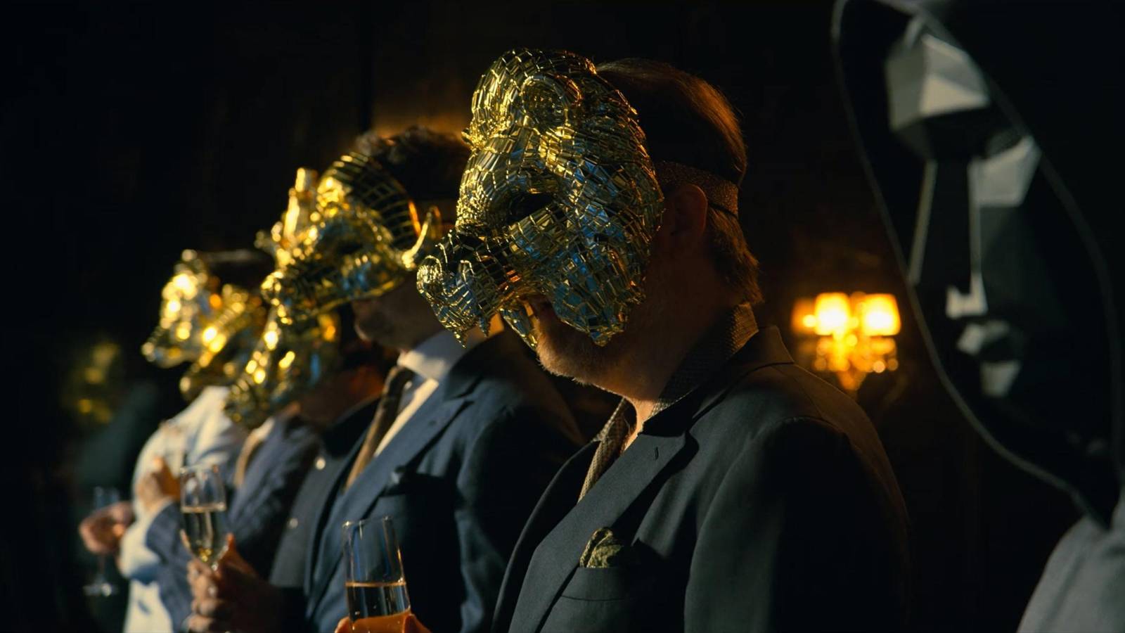 a groupof masked VIPs from squi game season 1