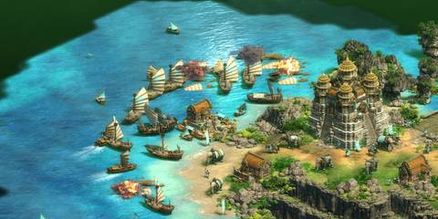 A Key Frame From Age Of Empires 2 Remastered Showing A Naval Battle Off The Coast Of A City