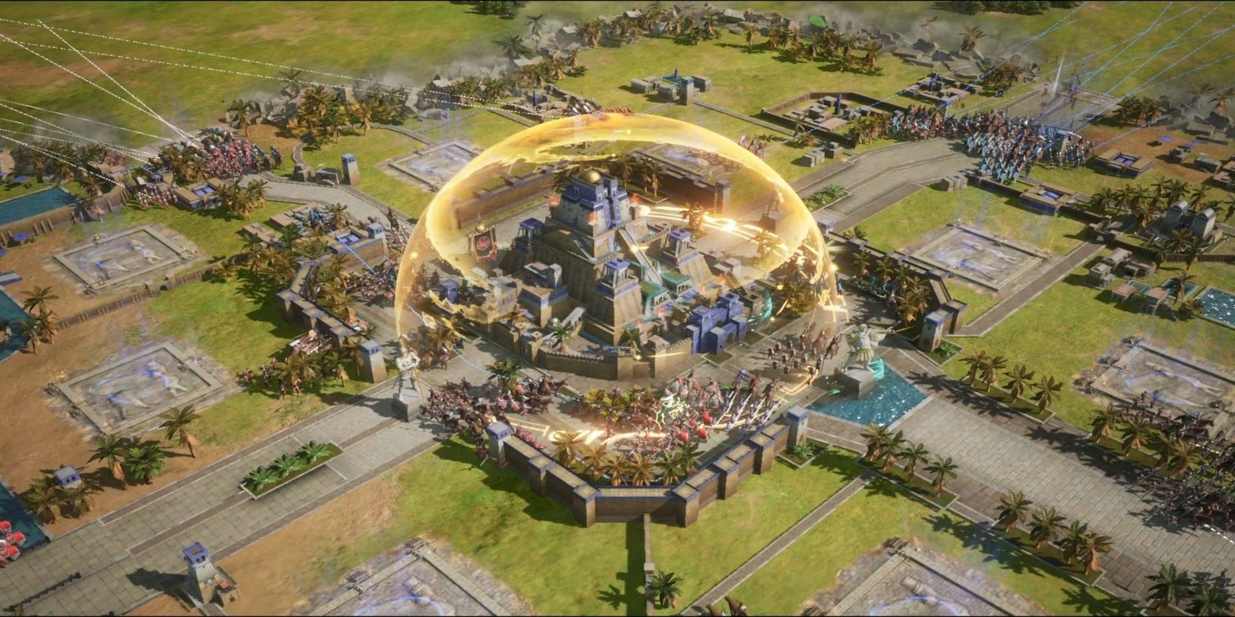 A Key Frame From Age Of Empires Mobile Showing A Blue Settlement Defending Itself From Red Units